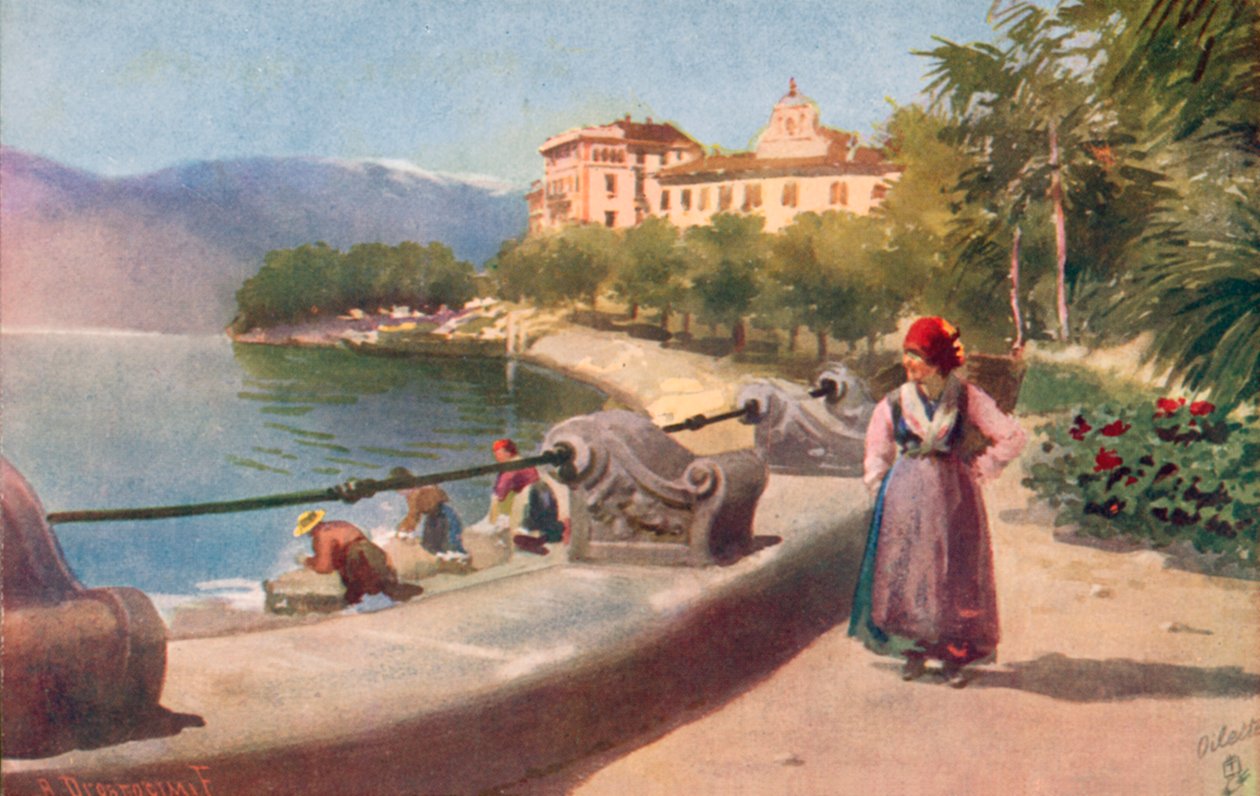Pallanza, Lago Mayor, Italia (litografía en color) de Italian School