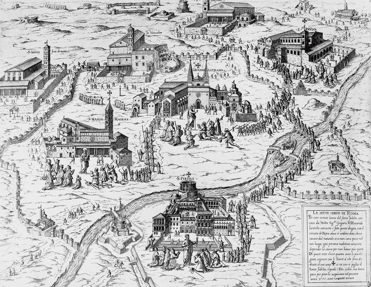 Peregrinos visitando las Siete Iglesias de Roma durante el Año Santo de 1575, grabado, Italia de Italian School