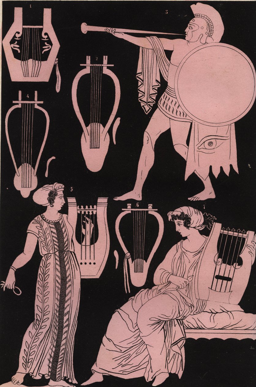 Tuberías, liras y otros instrumentos musicales en la antigua Grecia - Instrumento musical griego antiguo - grabado de “Usi e Costumi di Tutti i Popoli dell