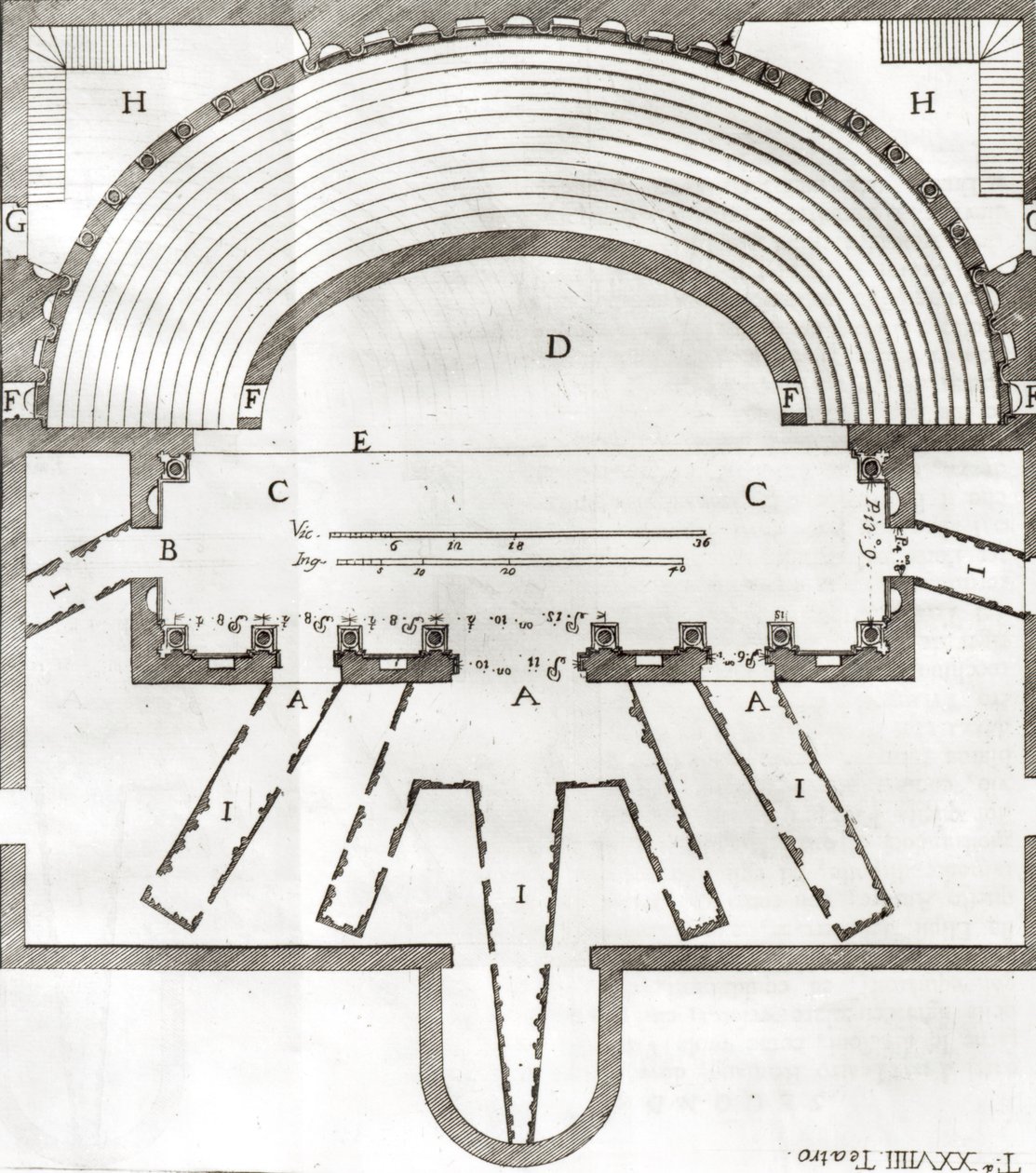 Plano del Teatro Olímpico, Vicenza, diseñado por Andrea Palladio (1508-80) construido en 1580-85 de Italian School