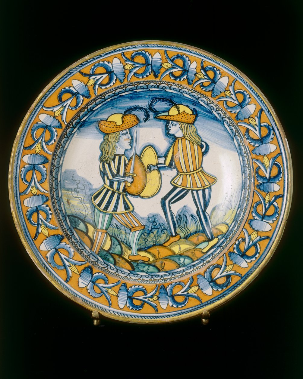 Plato con dos soldados combatiendo con espadas, manufactura de Deruta de Italian School