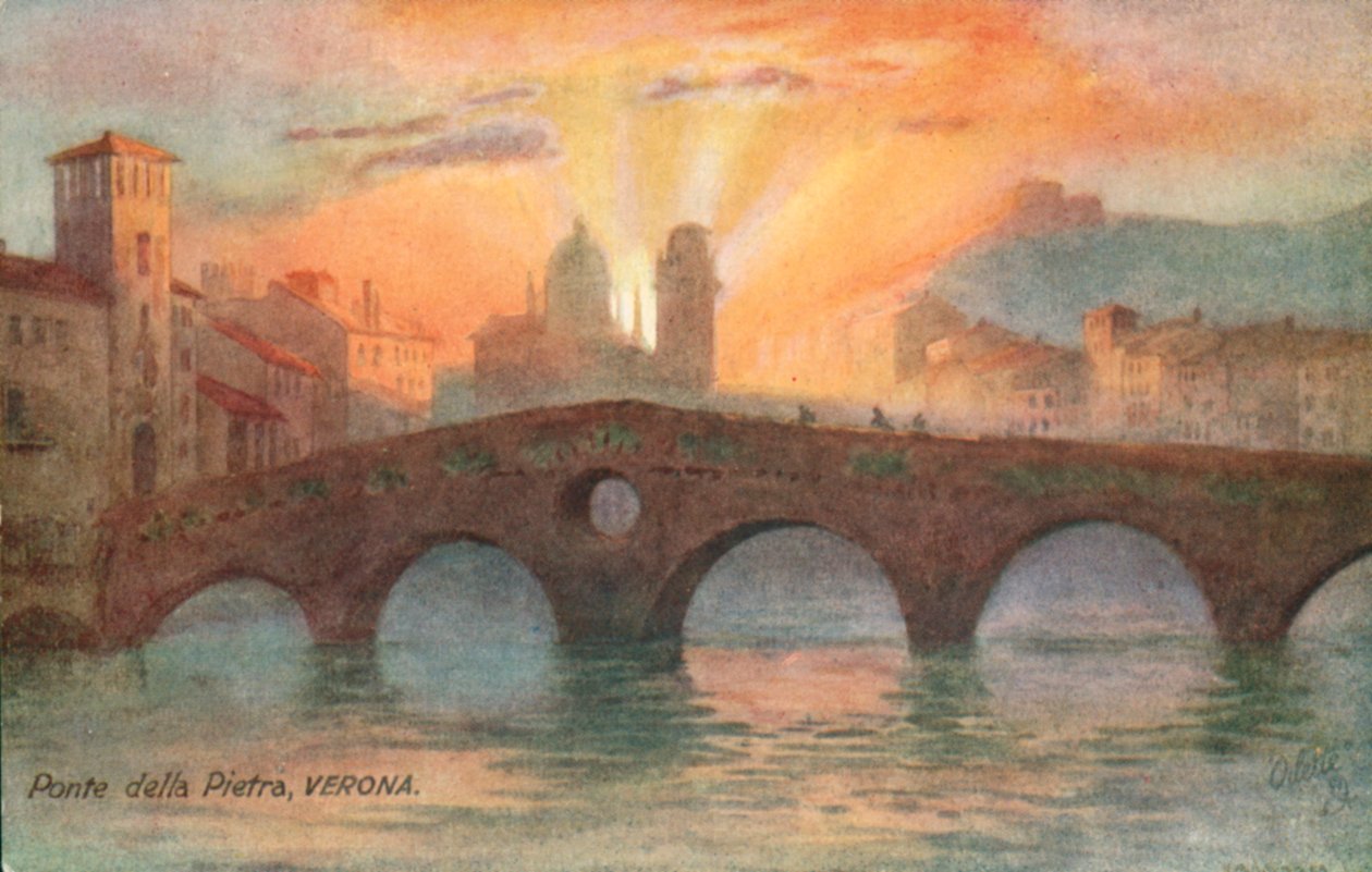 Ponte Pietra, puente romano más antiguo, Verona, Italia (litografía en color) de Italian School