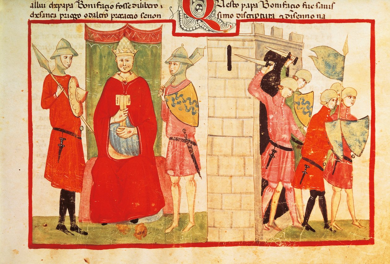 El Papa Bonifacio VIII en Anagni y la expulsión de Sciarra Colonna de la ciudad, miniatura de la Crónica de Giovanni Villani de Italian School