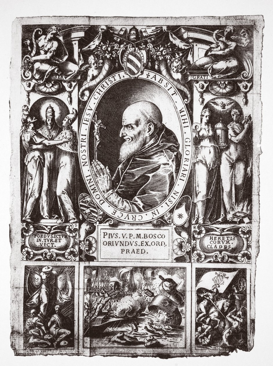 Papa Pío V, con viñetas de la Batalla de Lepanto, de Vita del Gloriosissimo Papa Pio Quinto, pub. 1586 de Italian School