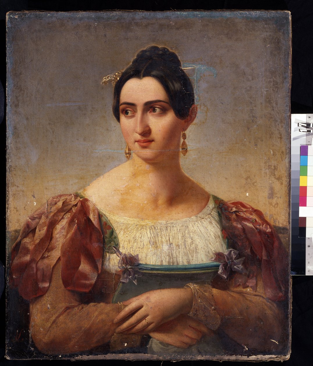 ""Portrait de femme"" (Retrato femenino) Mujer joven de la nobleza italiana, vestida con un vestido con cintas en los hombros. Pintura de la escuela italiana de principios del siglo XIX. Museo Pushkin, Moscú de Italian School