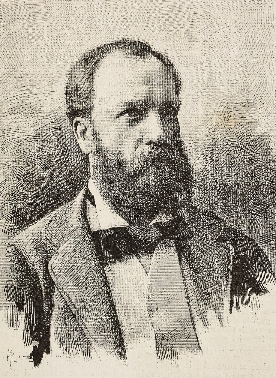 Retrato de Karl Hillebrand (1829-1884), historiador alemán, grabado de Riera de una fotografía de Schemboche, de L