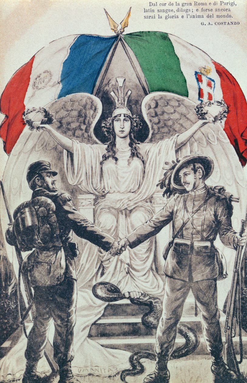 Postal que celebra la alianza de Francia e Italia durante la Primera Guerra Mundial de Italian School
