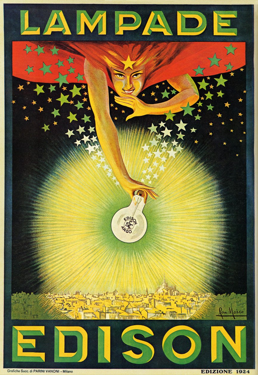 Cartel publicitario de las bombillas Edison, Milán, Italia de Italian School