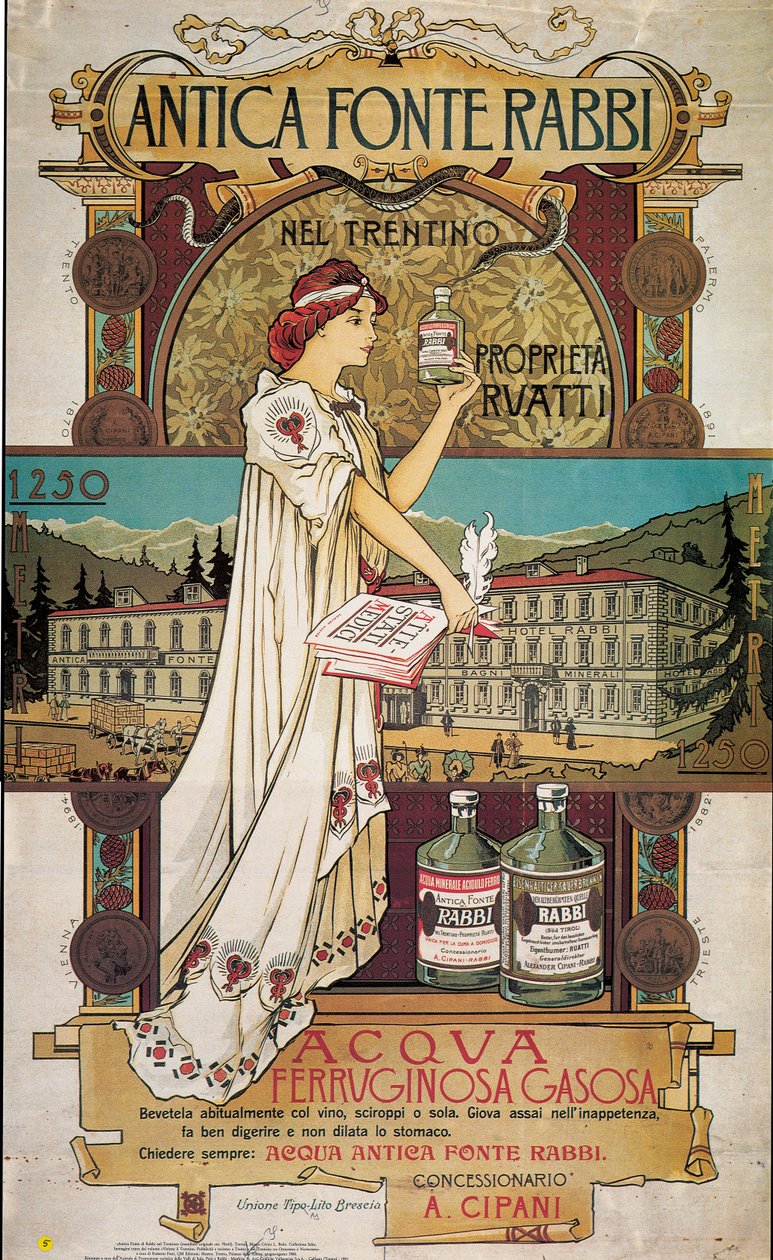 Póster publicitario de agua medicinal de la Antica Fonte di Rabbi en Trentino de Italian School