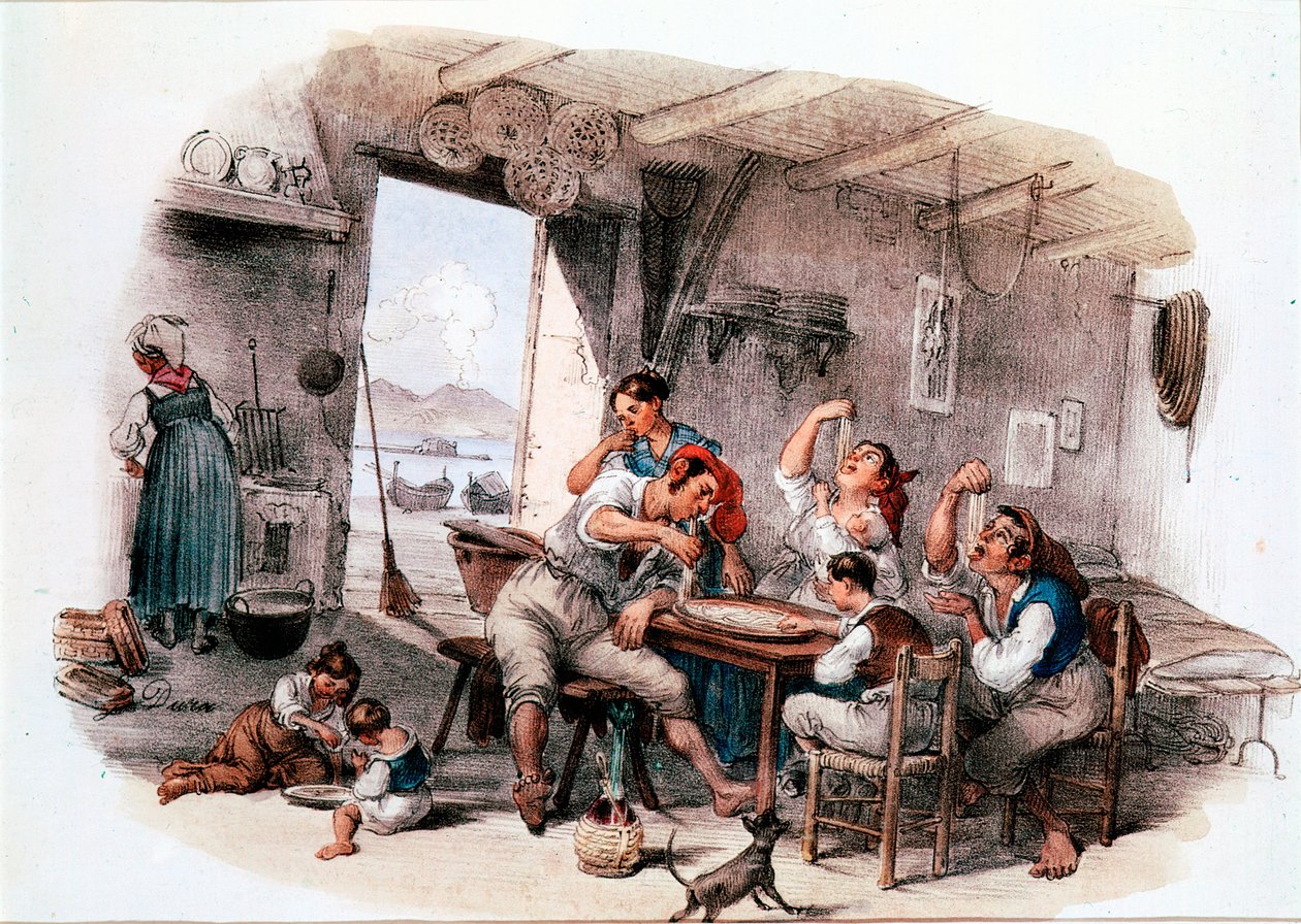 Probablemente familia napolitana comiendo macarrones con las manos de Italian School