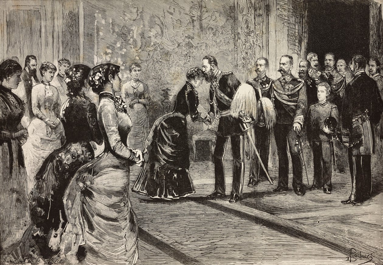 La Reina Margarita y Umberto I recibiendo al príncipe heredero de Alemania (futuro Federico III) en el Quirinale, Roma, Italia, grabado de un dibujo de Dante Paolocci, de L
