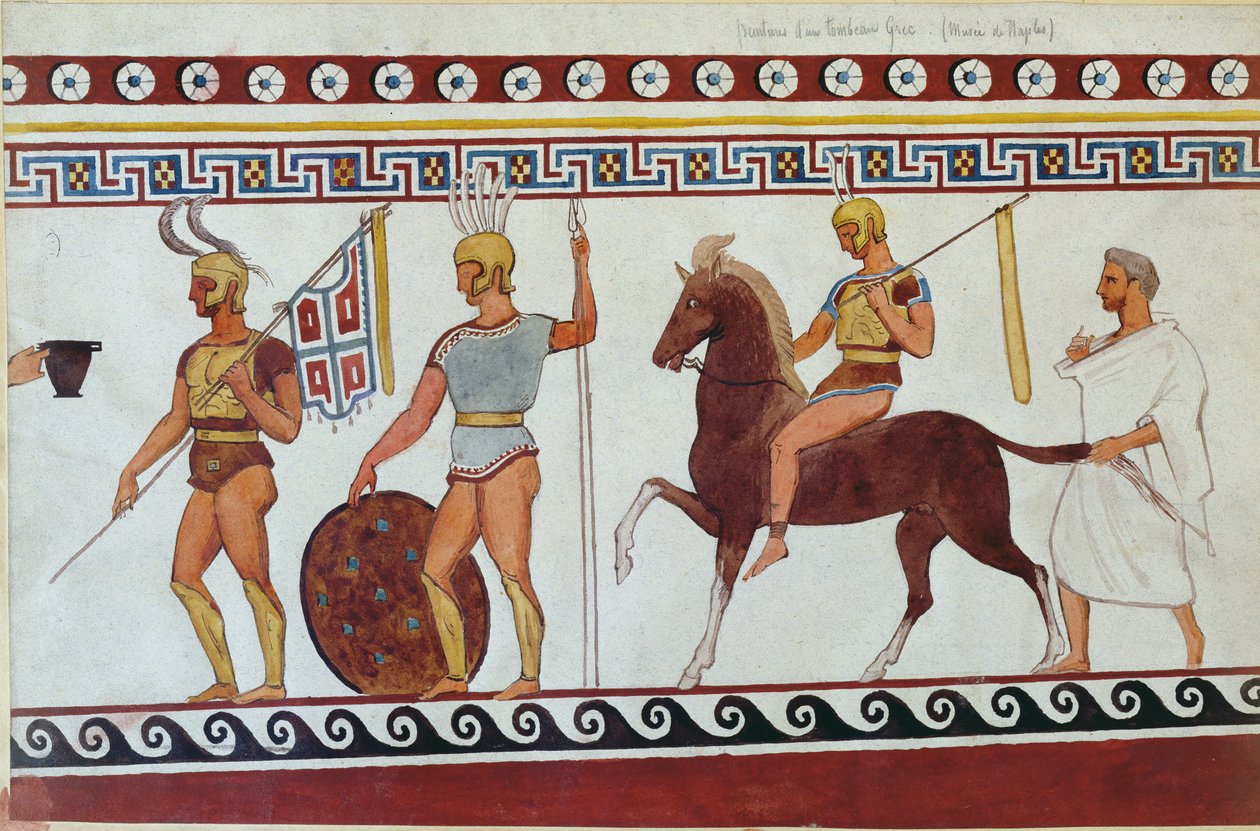 Reconstrucción de pintura de tumba de Paestum que representa soldados de infantería y caballería griegos de Italian School