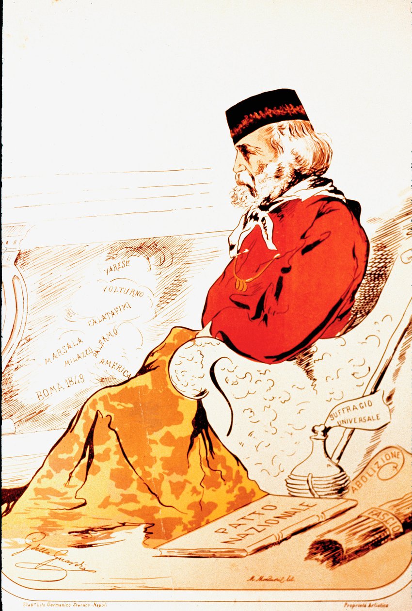 Representación por miembros de la derecha parlamentaria de los Héroes del Risorgimento y el patriota italiano Giuseppe Garibaldi en 1874. Dibujo. Roma, Museo del Risorgimento de Italian School