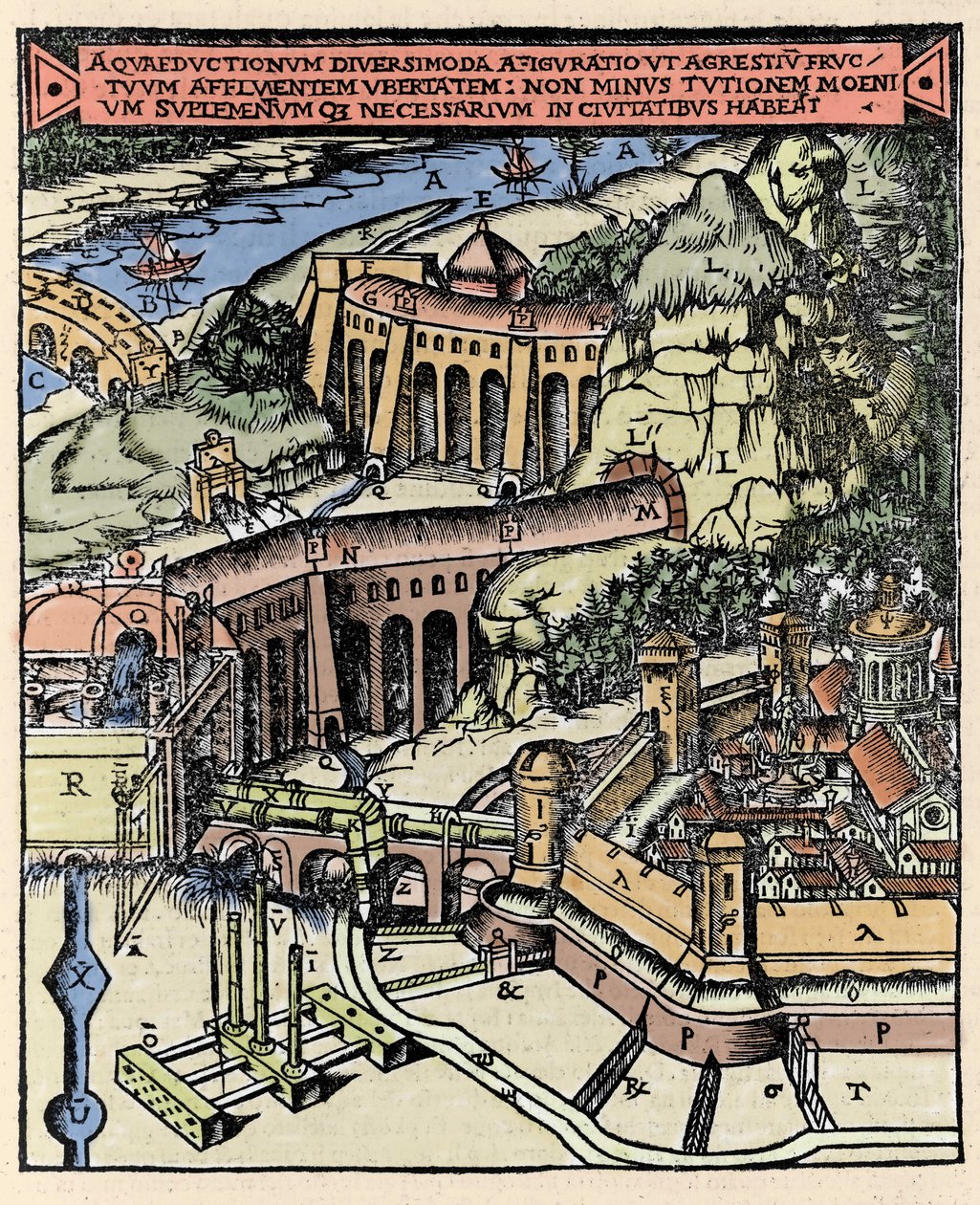 Representación de un acueducto. Grabado coloreado de 