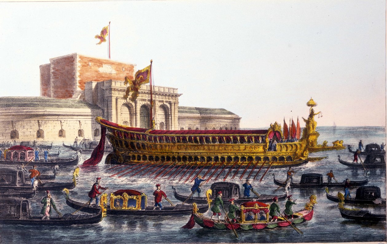 Representación del Bucentauro. En el Día de la Ascensión, el Dogo cruzaba la laguna de Venecia para llegar a la boca del mar abierto a bordo de un barco llamado el Bucentauro de Italian School