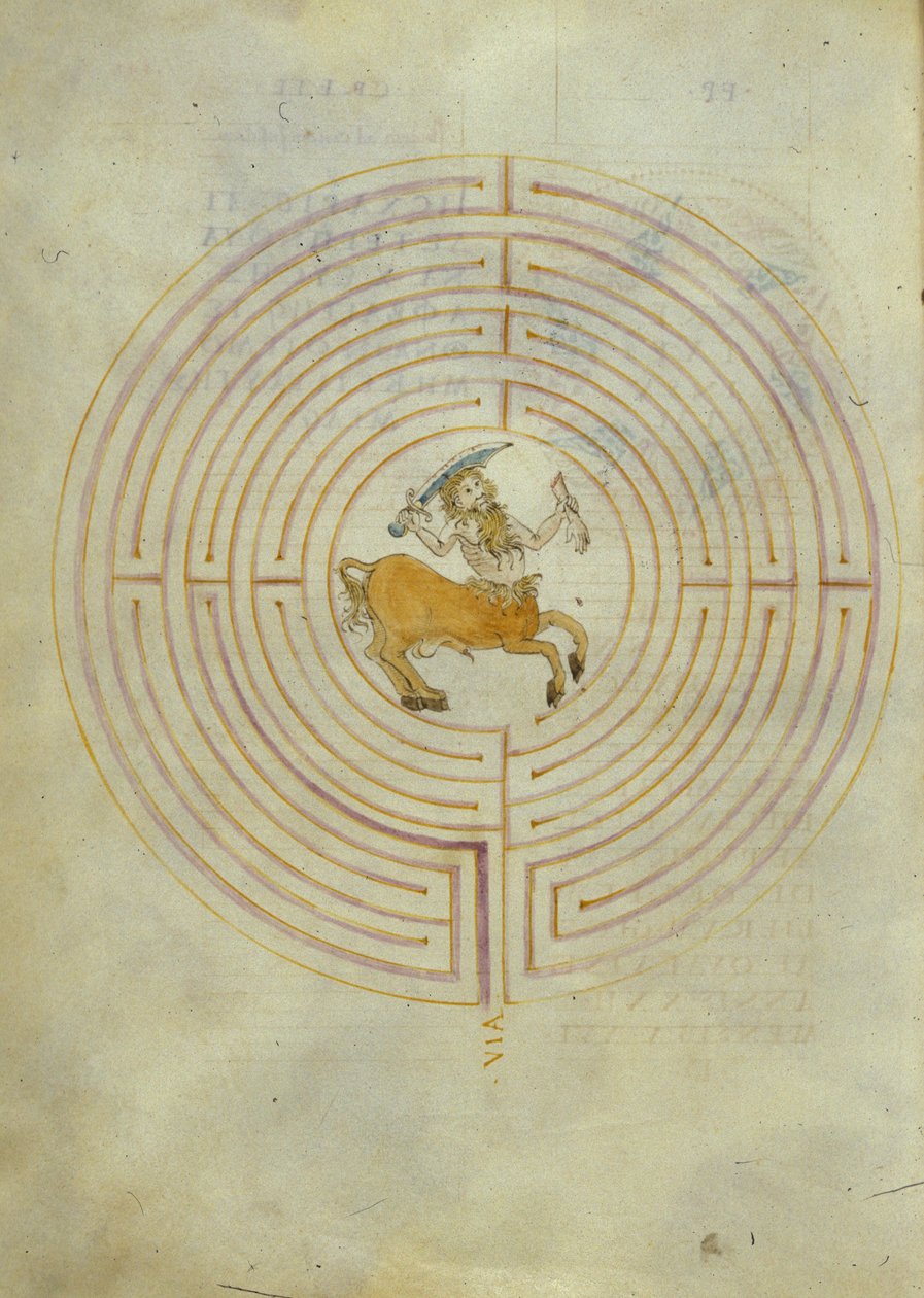 Representación del Minotauro en el centro del laberinto (pluma y tinta y acuarela sobre papel) de Italian School