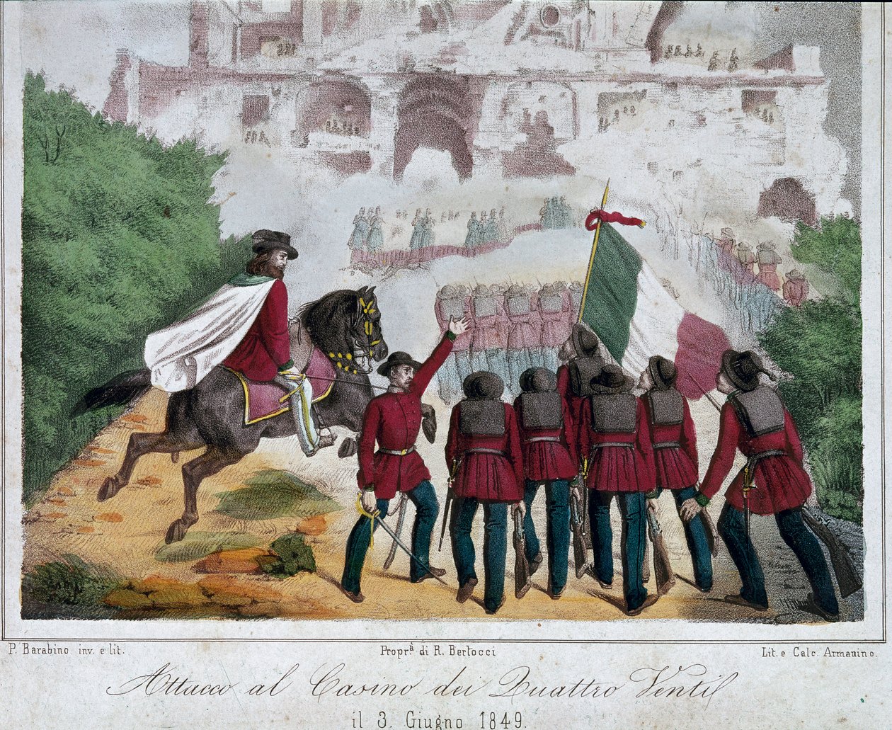 Risorgimento, República Romana: los soldados del ejército de Giuseppe Garibaldi, a caballo, intentan reconquistar la villa de los Quattro Venti en Roma el 03/06/1849. Litografía. Roma, Museo Nazionale del Risorgimento de Italian School