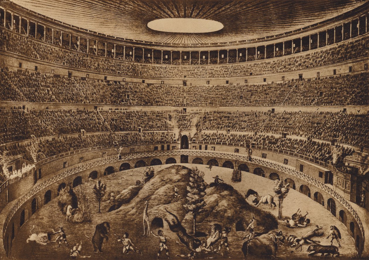 Roma / Roma: Interior del Coliseo, La caza de las ferias, reconstrucción histórica (litografía) de Italian School