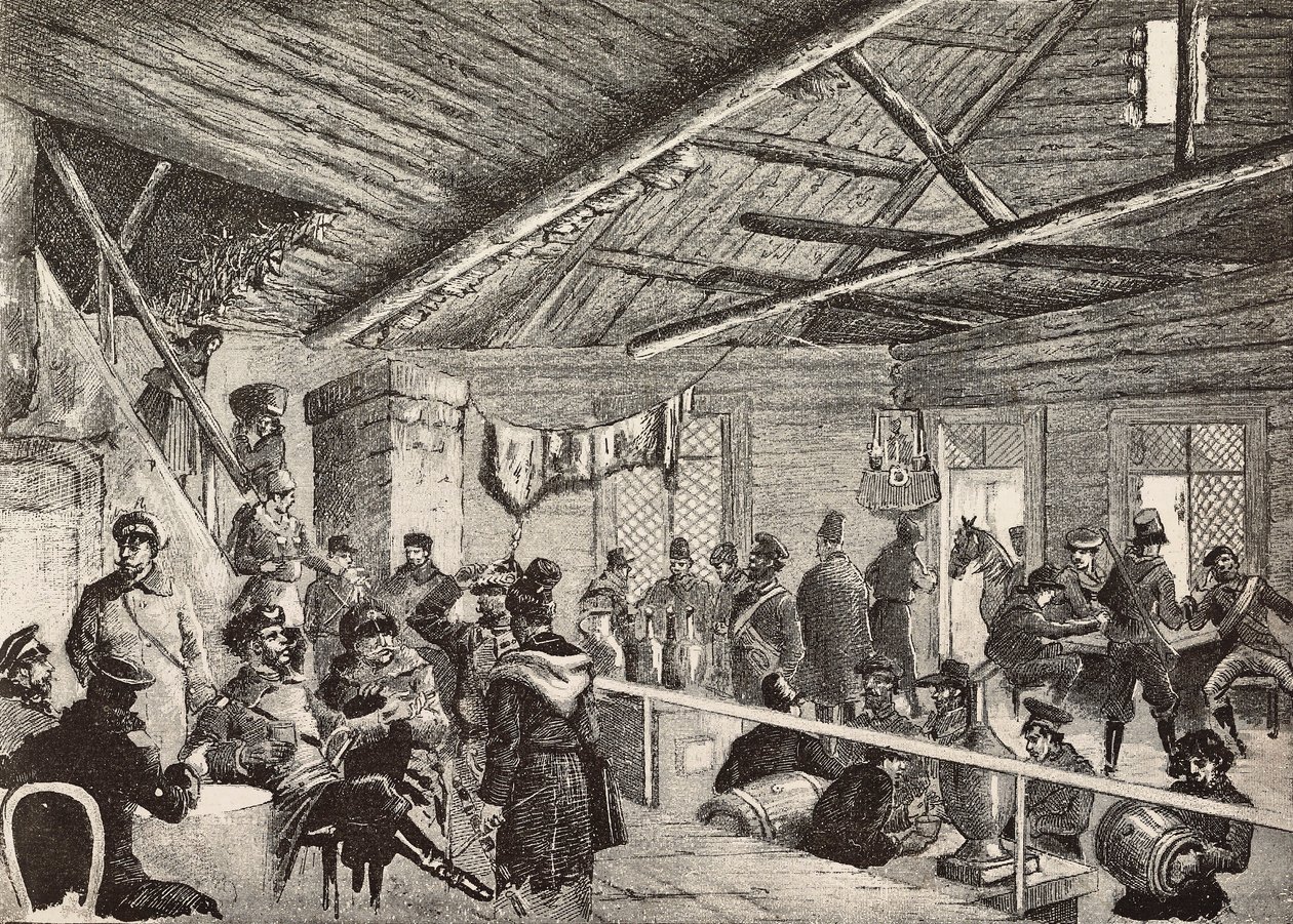 Soldados rusos en una taberna cerca de las fortificaciones de Varsovia, Polonia, grabado de un boceto de Fritzmann, de L