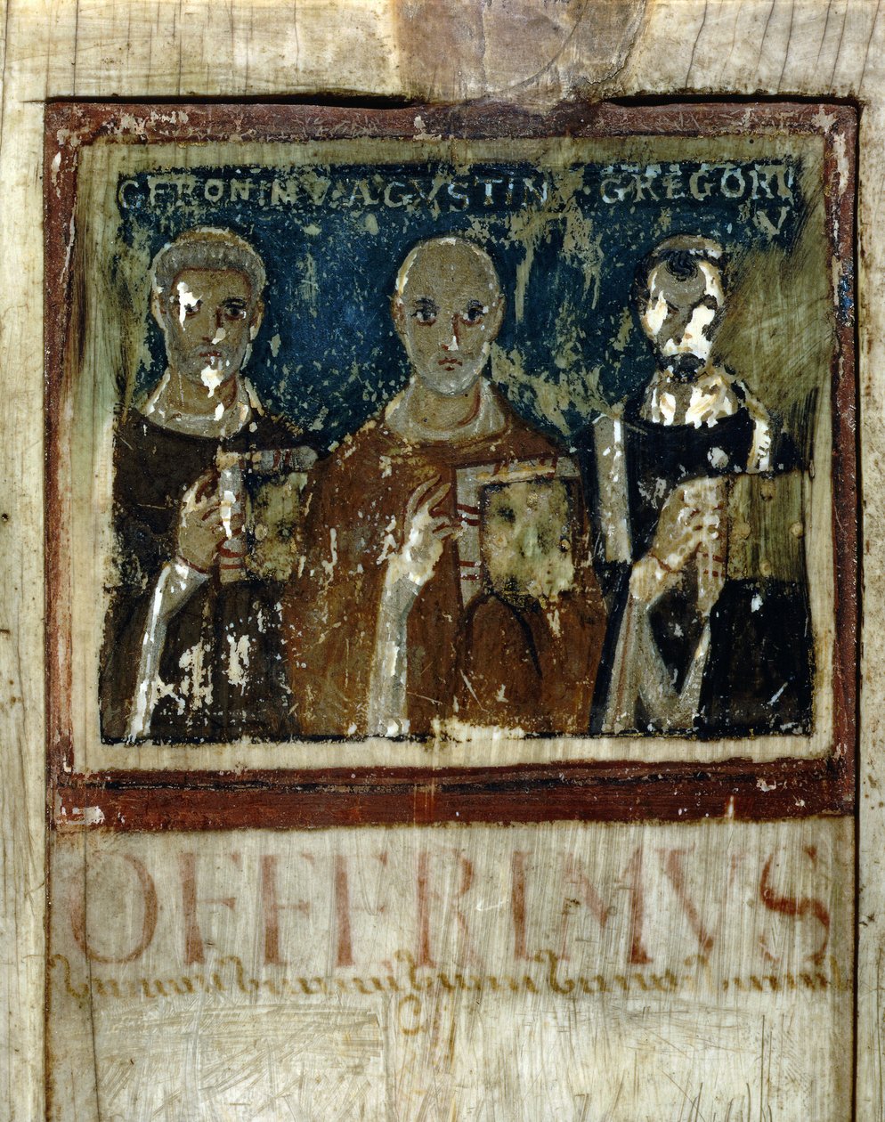 San Jerónimo, San Agustín (354-430) y San Gregorio I el Grande (540-604), Detalle del díptico de Boece, c.487 (miniatura sobre marfil) de Italian School