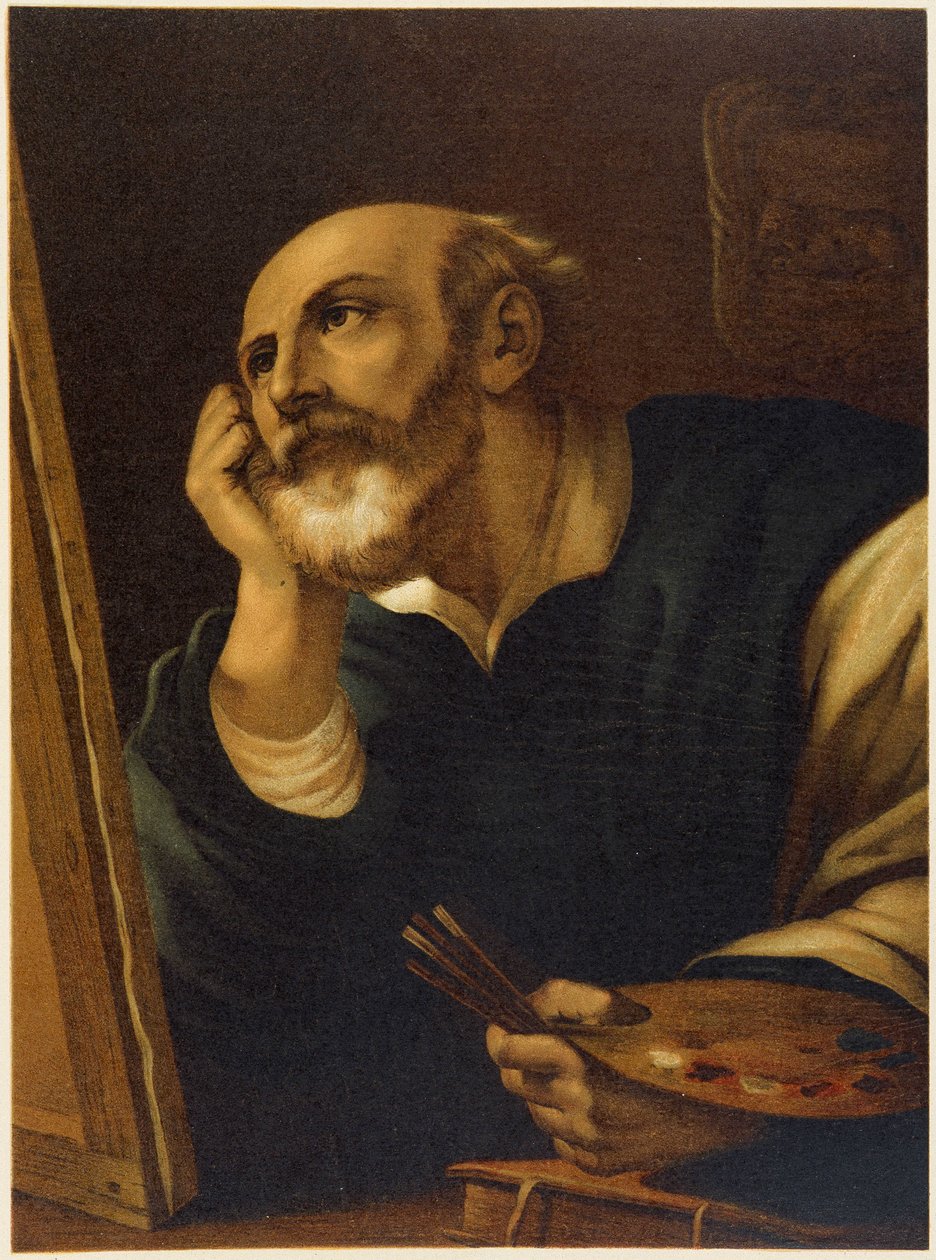 San Lucas pintando en “Aurea Bibbia classica: historia de la revelación divina en el antiguo y nuevo testamento” por Giovanni Ladislao Sykora (vol. 2), traducido por Don Clemente Benetti. (Biblia italiana) de Italian School