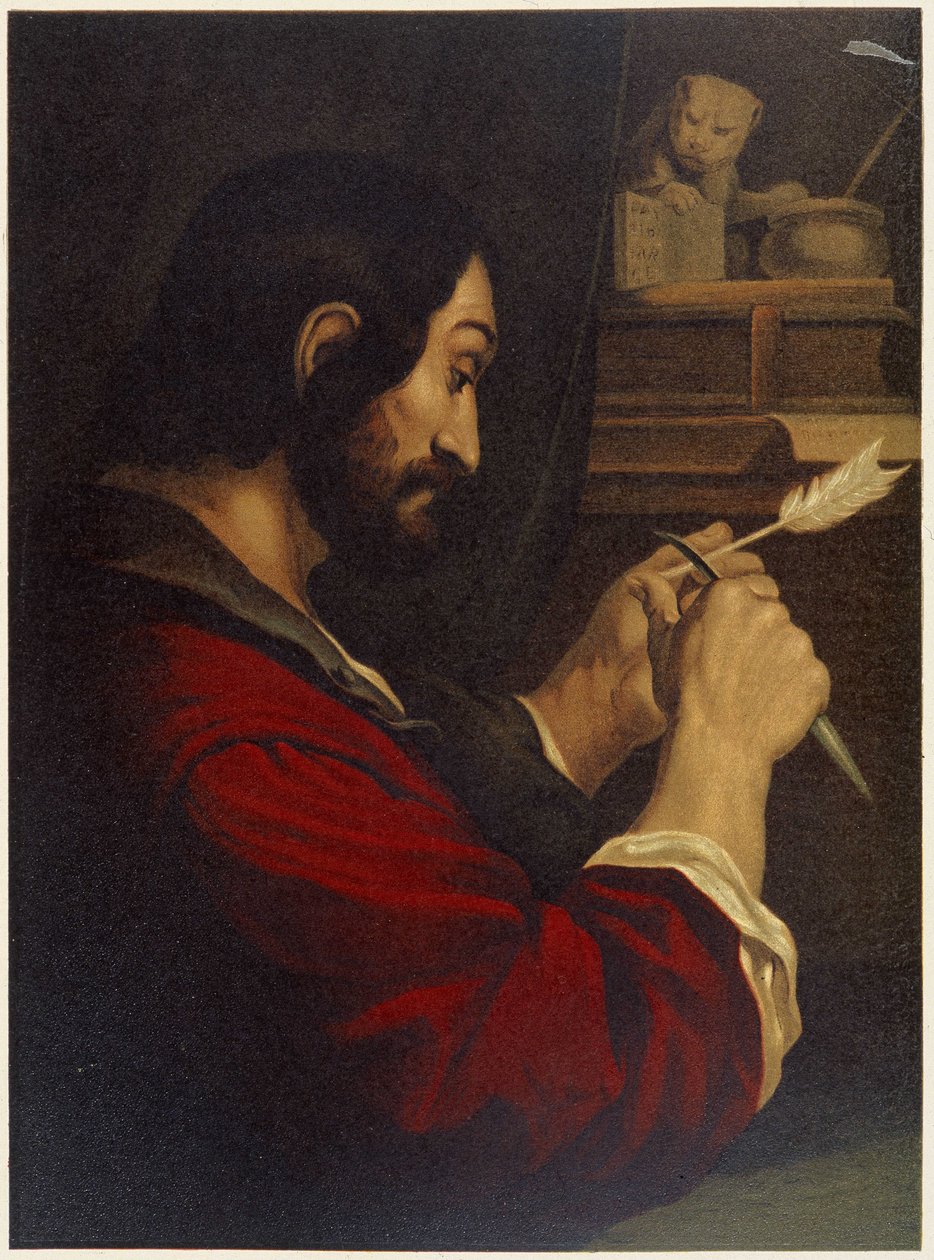 San Marcos tallando una pluma - en "Aurea Bibbia classica: historia de la revelación divina en el antiguo y nuevo testamento" de Giovanni Ladislao Sykora (vol. 2), traducido por Don Clemente Benetti. (Biblia italiana) de Italian School