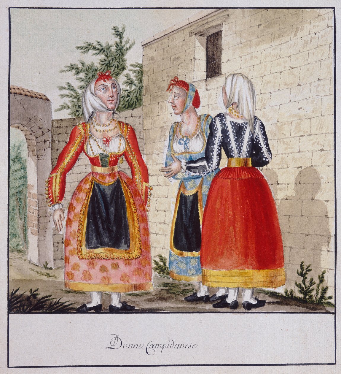Mujeres sardas con trajes de Campidano, impreso ms.258, Colección Luzzetti de Italian School