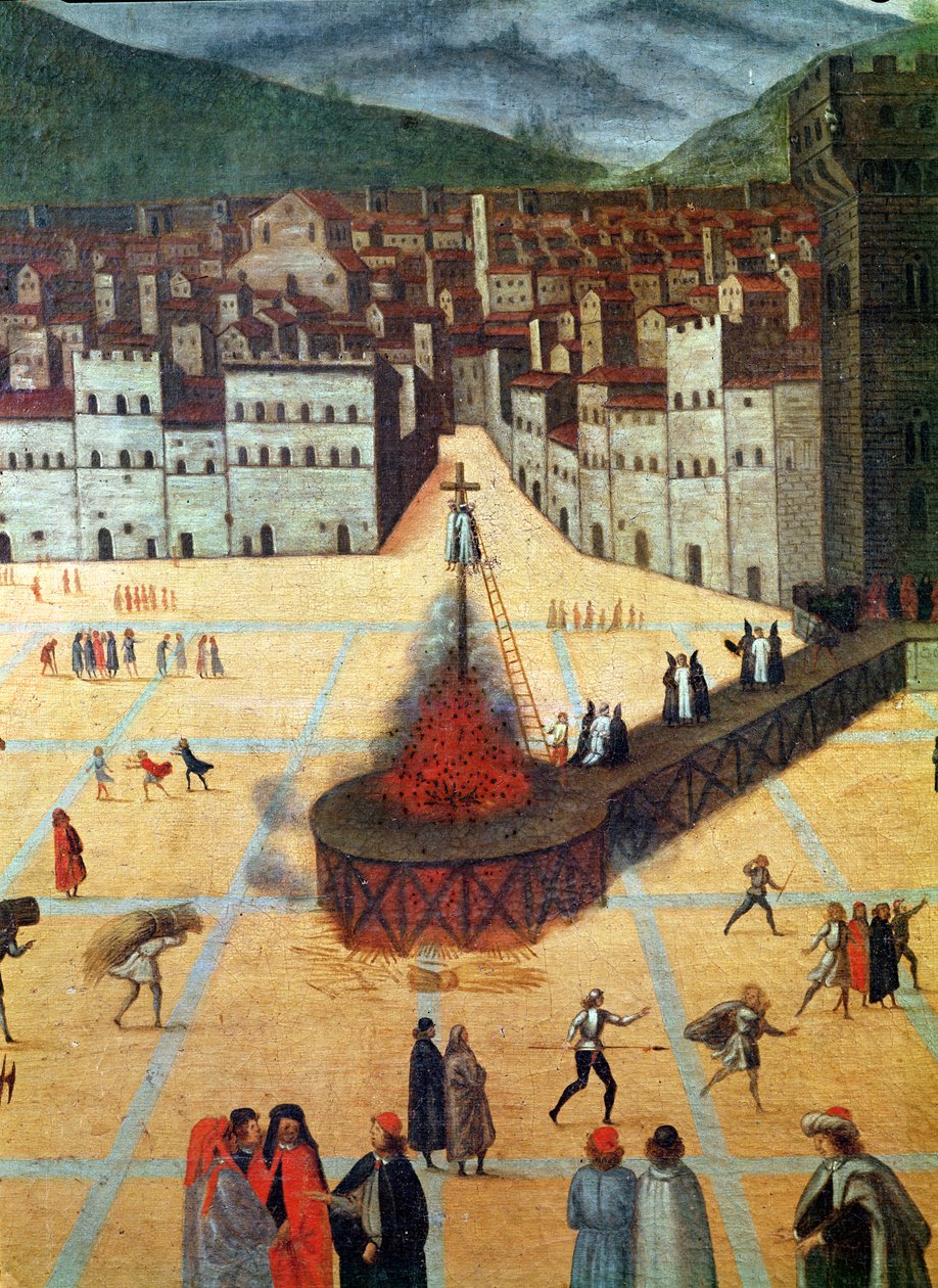 Savonarola siendo quemado en la hoguera, Piazza della Signoria, Florencia, detalle del incendio (óleo sobre tabla) de Italian School