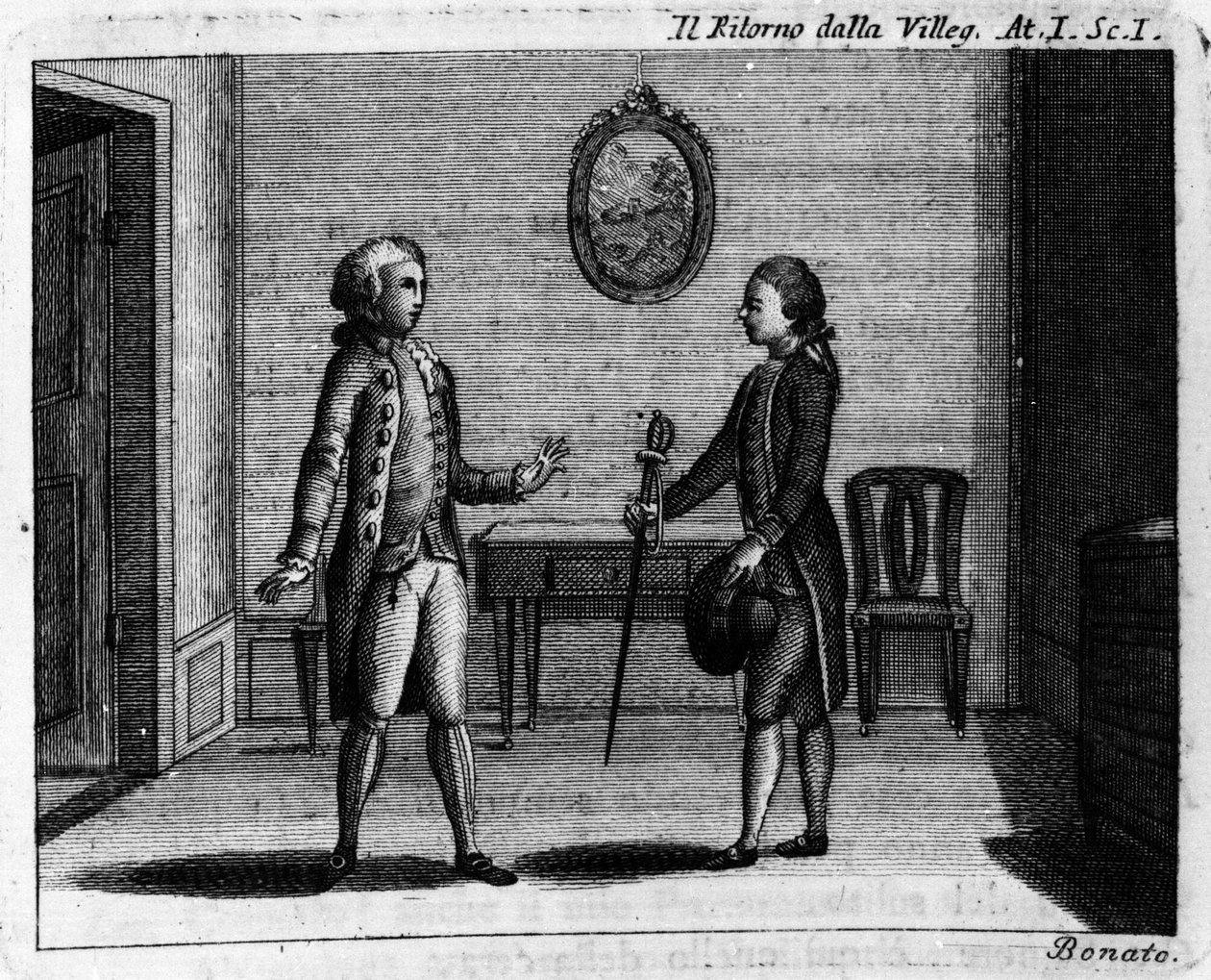 Escena 1 del Acto I de la pieza cómica “Ritorno della villeggiatura” (1761) de Carlo Goldoni (1707-1793). Grabado del siglo XVIII. de Italian School