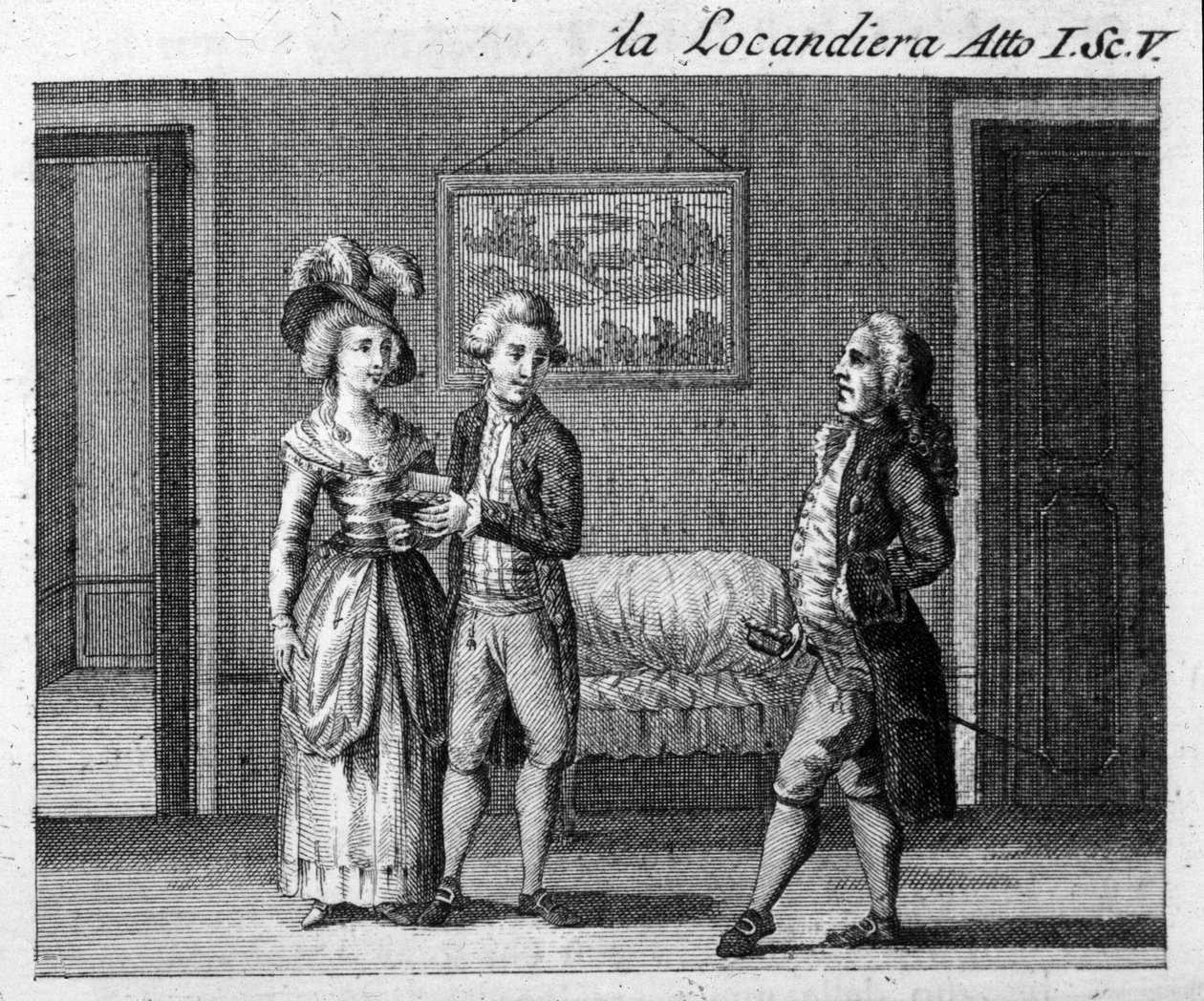 Escena 5 del Acto I de la obra "La locandiera" (1753) de Carlo Goldoni (1707-1793). Grabado del siglo XVIII de Italian School
