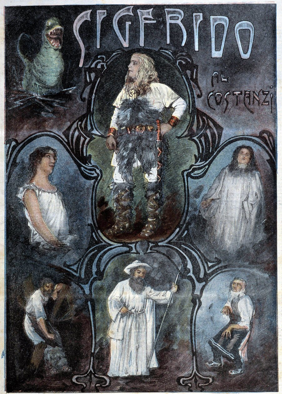 Sigfrido de Al costanzi (Siegfrid o Sigfrido, héroe de la mitología alemana correspondiente al Sigurd escandinavo, Ópera de Wagner) - en "La Tribuna Illustrata" de Italian School