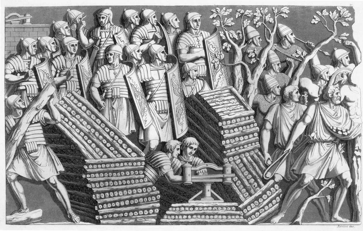 Soldados, posiblemente construyendo un puente de pontones o una máquina de asedio, posiblemente de la Columna de Trajano, de Costumbres de los Romanos, c.1800-10 de Italian School