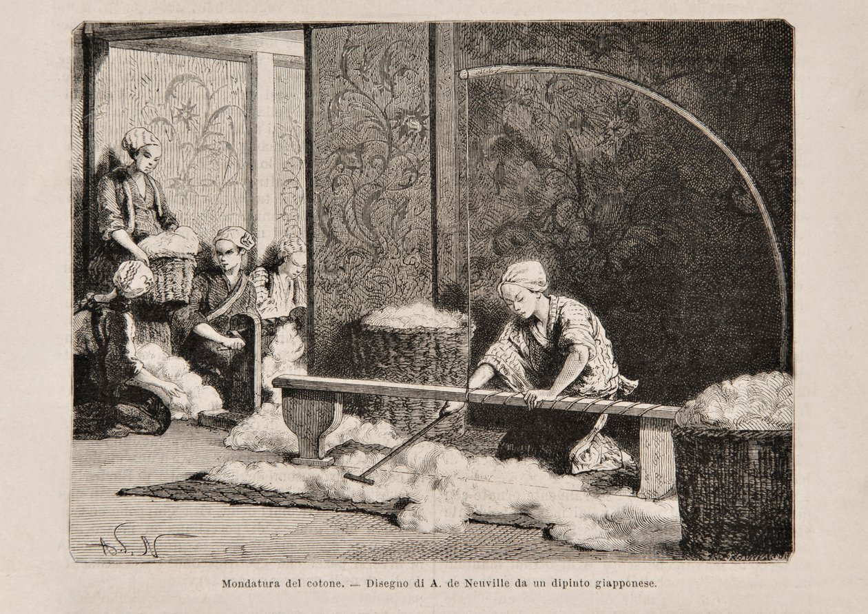 Hilando algodón, Japón, de la edición italiana de Tour du Monde, 1869 de Italian School
