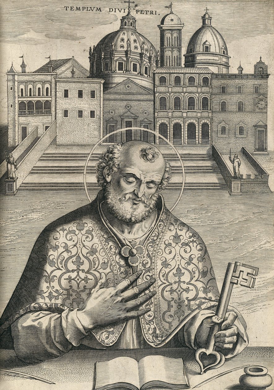 San Pedro frente a la Basílica de San Pedro de Septem Urbis Ecclesiae Primariae, pub. 1599 de Italian School
