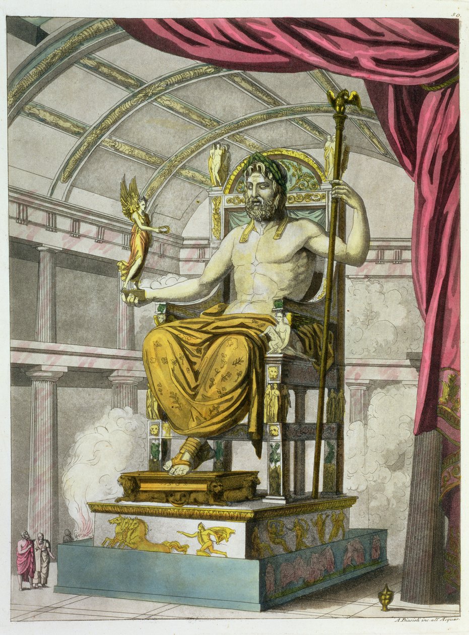 Estatua de Júpiter en un templo, de Costumi dei Romani, grabado por Angelo Biasioli (1790-1830), c.1805-20 de Italian School
