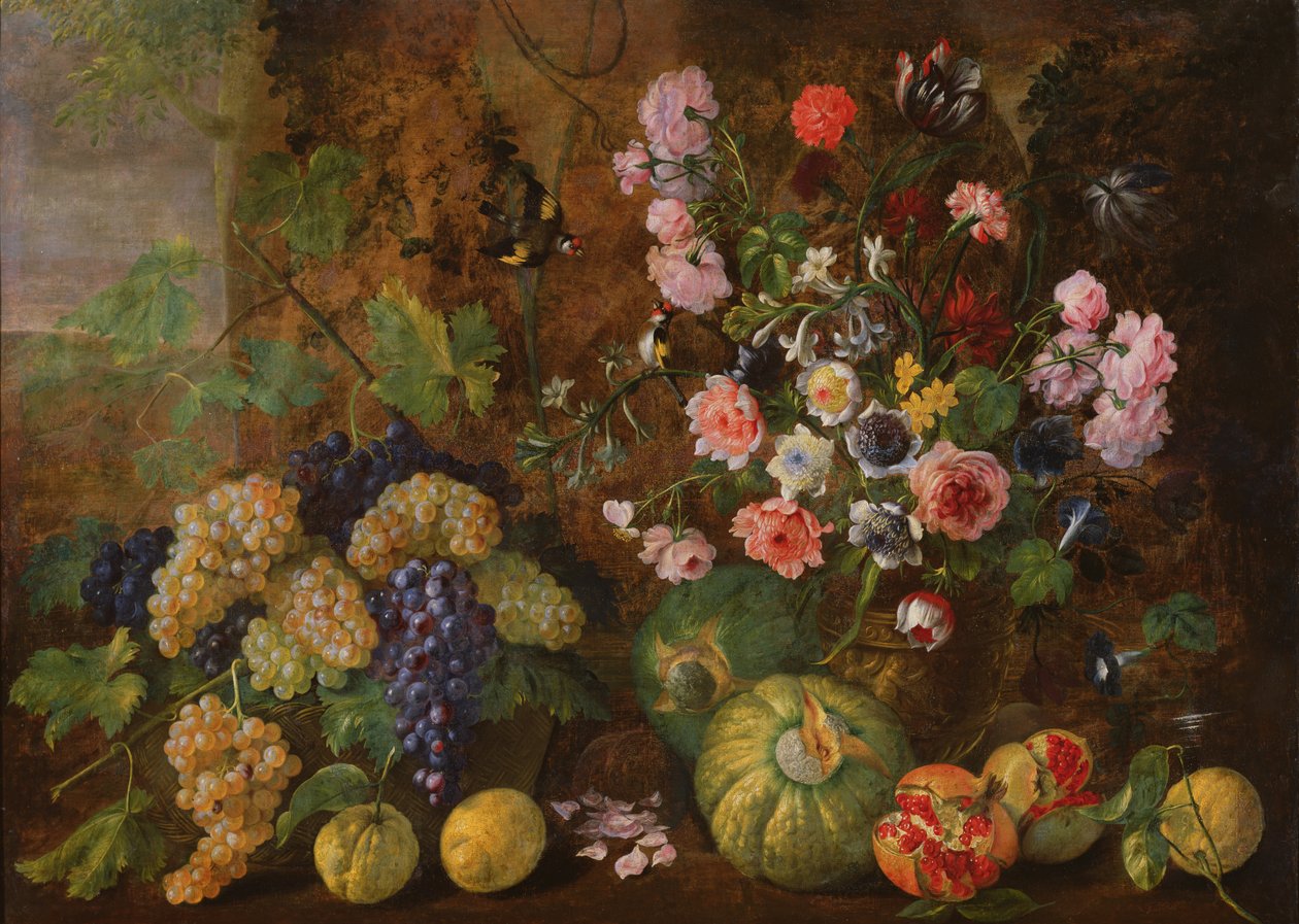 Naturaleza muerta de frutas y flores de Italian School