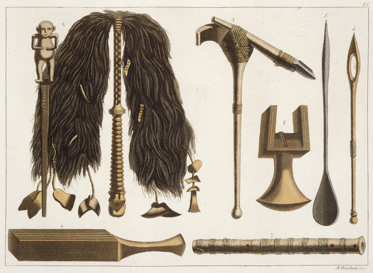 Herramientas tahitianas e instrumentos ceremoniales, ilustración de una colección de libros de viajes de principios del siglo XIX de Italian School