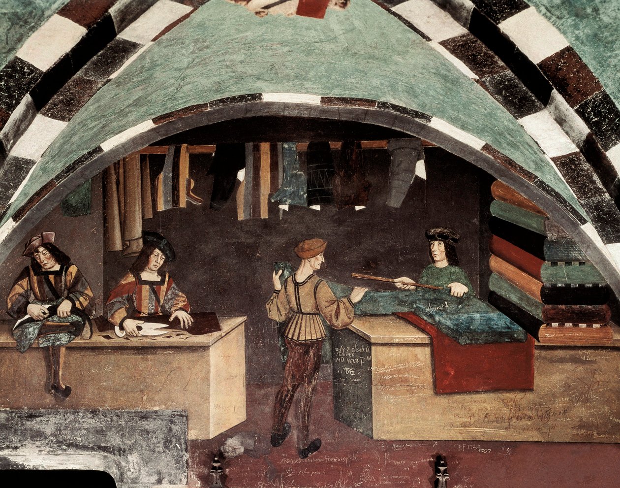 Tienda de sastrería. Un hombre cose, otro corta la tela y un tercero vende el tejido a un cliente. Fresco del castillo de Issogne (siglo XV). de Italian School
