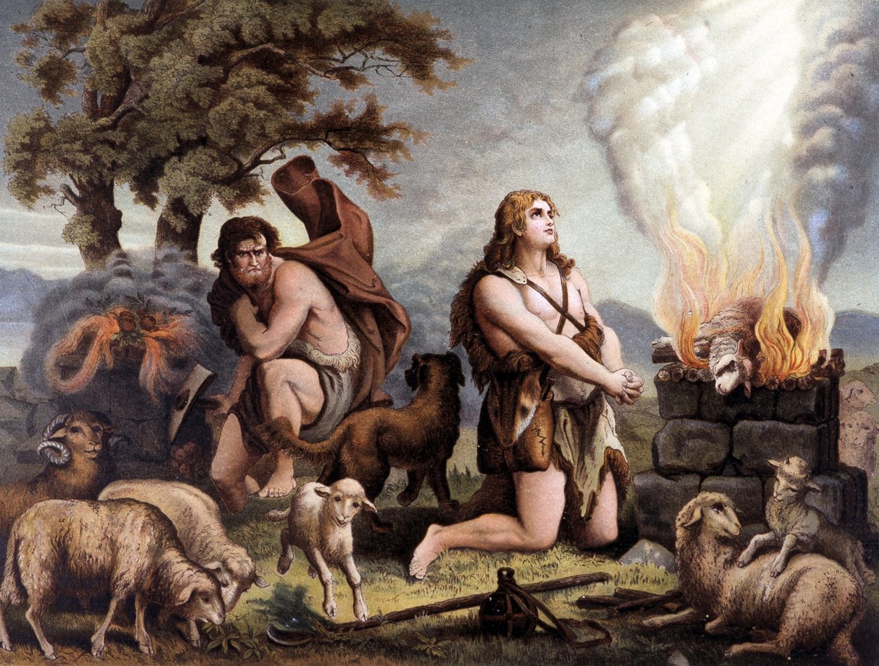 La Adoración del Cordero (Caín y Abel) - Caín y Abel (sacrificando una oveja) en "Aurea Bibbia classica: historia de la revelación divina en el antiguo y nuevo testamento" de Giovanni Ladislao Sykora (vol. 1), traducido por Don Clemente Benetti. (Biblia it de Italian School