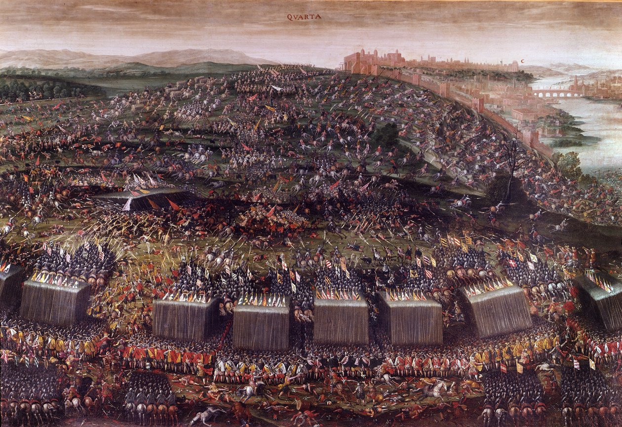 La batalla de la Montaña Blanca durante la Guerra de los Treinta Años (Alemania 1620), que enfrentó a Bohemia guiada por Federico V contra la Liga Santa. Pintura al óleo. Roma, Iglesia de Santa María de la Victoria. de Italian School