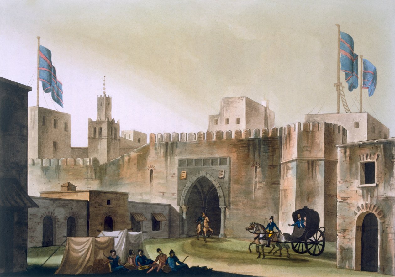 La puerta Beb Kar en Túnez, con europeos en un carro tirado por caballos, c.1820s-30s de Italian School