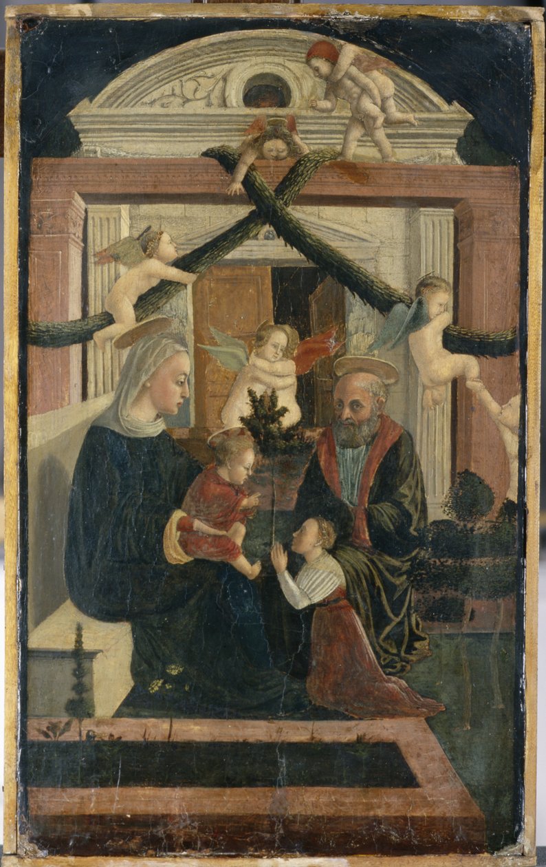 La Sagrada Familia con el donante en oración y los ángeles jugando, c.1460 (temple sobre madera de pino) de Italian School