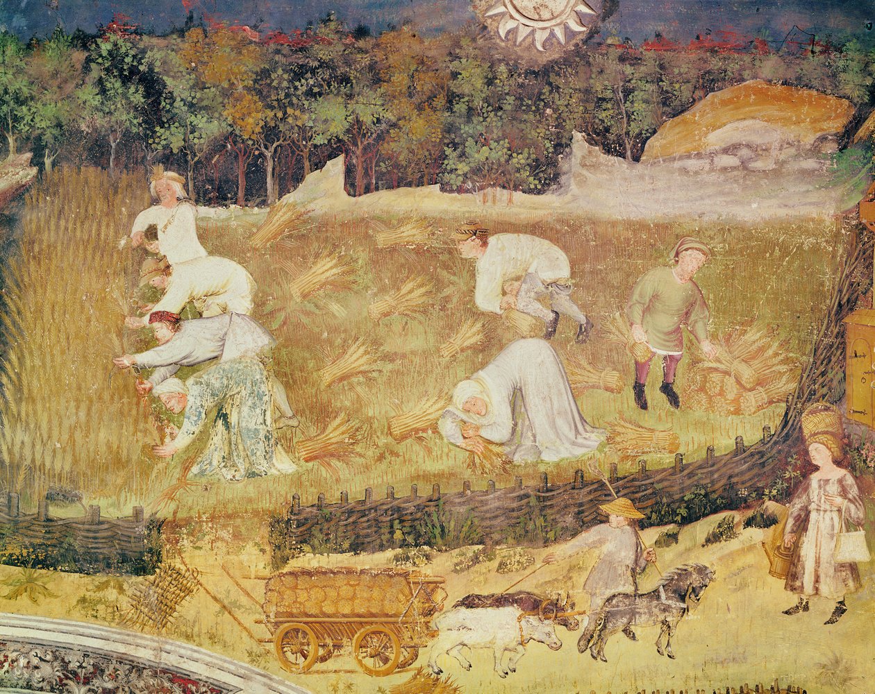 El mes de agosto, detalle de la cosecha, c.1400 (fresco) de Italian School