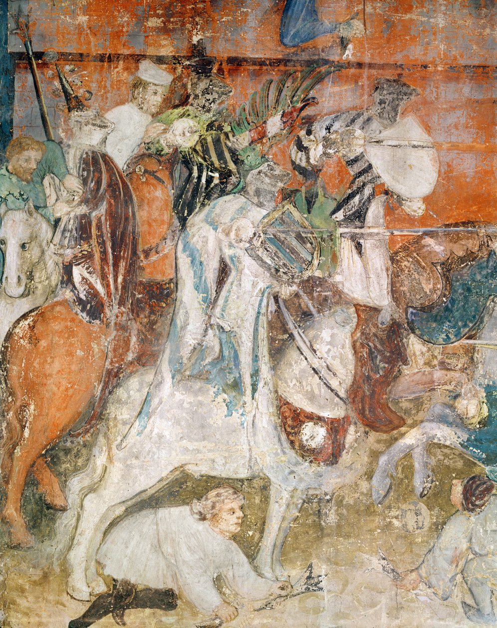 El mes de febrero, detalle de un caballero en un torneo, c.1400 (fresco) de Italian School