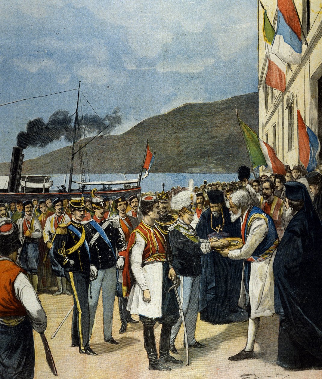 El Príncipe de Nápoles - luego Víctor Manuel III (Vittorio Emanuele) - recibe en Rijeka, según la tradición, pan y sal de la familia de Helena de Montenegro de Italian School