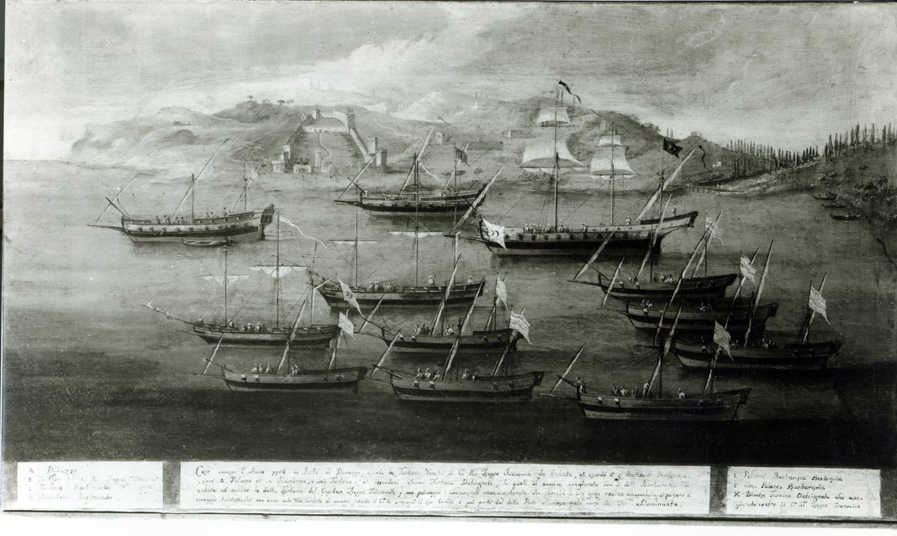La flota veneciana liderada por el Capitán Ivanovich da Dabrota contra Piratas Turcos en Durazzo, 1756 de Italian School