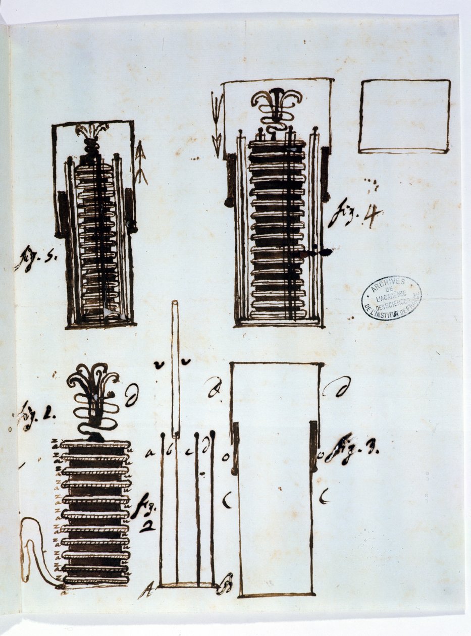 La pila voltaica (batería). Dibujo de una carta de Alessandro Volta (1745-1827) a Dieudonné Dolomieu (1750-1801) sobre el galvanismo, 1801 (pluma y tinta sobre papel) de Italian School