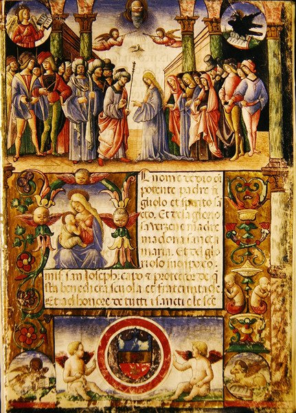 El desposorio de la Virgen, de una Mariegola de la cofradía laica de San José y San Silvestre, 1315 de Italian School