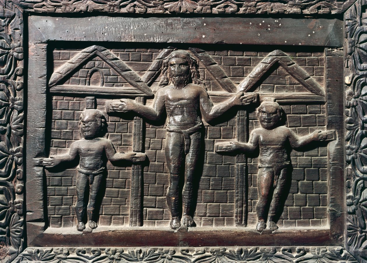 La crucifixión de Cristo, azulejo de la entrada principal de madera de ciprés, Basílica de Santa Sabina, Roma, Lacio, Italia, siglo V de Italian School