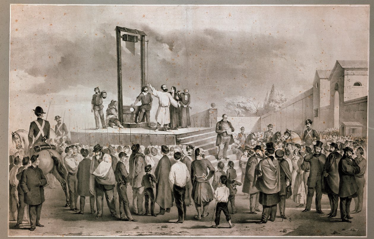 La ejecución el 13/03/1858 de Felice Orsini (1819-1858) y Pieri que llevaron a cabo el atentado del 14 de enero de 1858 contra Napoleón III en la Place de la Roquette en París de Italian School
